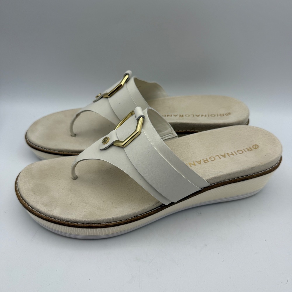 Cole Haan Wedge Sandals Women 9B White OriginalGrand Thong Gold Buckle W21357